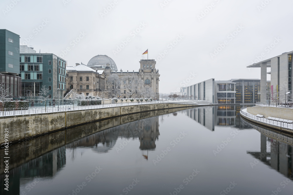 Reichstag building (Bundestag) and river Spree in Winter, Berlin government district, Germany, Europe