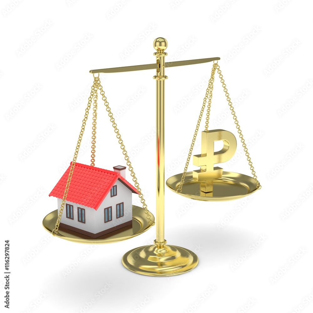 Isolated old fashioned pan scale with ruble and house on white background. Real estate vs russian currency. Affordable house. 3D rendering. Isolated old fashioned pan scale with ruble and house on white background. Real estate vs russian currency. Affordable house. 3D rendering.