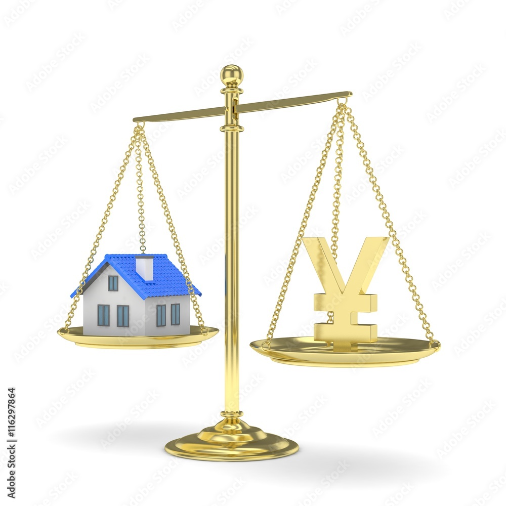 Isolated golden scales with golden yuan and house on white background. Investment or savings concept. Real estate and currency. 3D rendering. Isolated golden scales with golden yuan and house on white background. Investment or savings concept. Real estate and currency. 3D rendering.