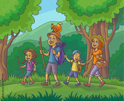 Happy family is hiking in the forest.