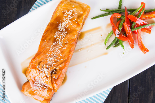 pan fried salmon in teriyaki sauce photo