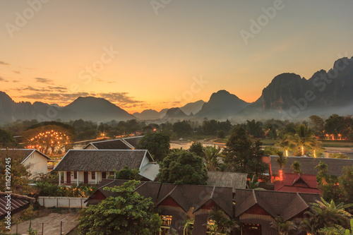 Landscape of village and mountain on sunset in Vang Vieng, Laos