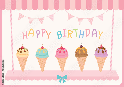 Illustration ice-cream various flavour for happy birthday card.Pink pastel colors.