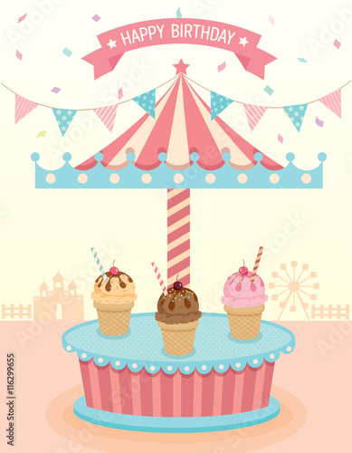 Illustration vector of ice cream merry go round booth in theme park festival party in beige background colors.