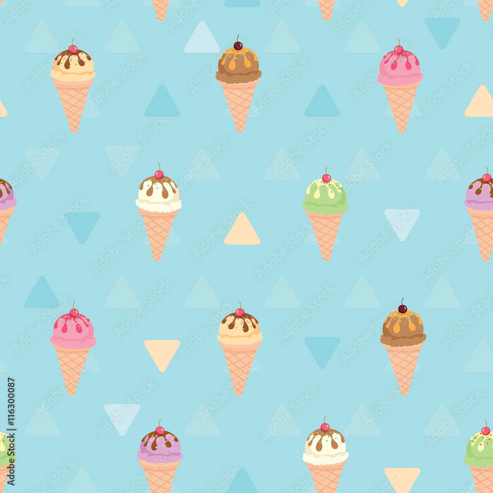 Vector seamless pattern of ice-cream cone sundae menu on blue and cyan pastel colors background.