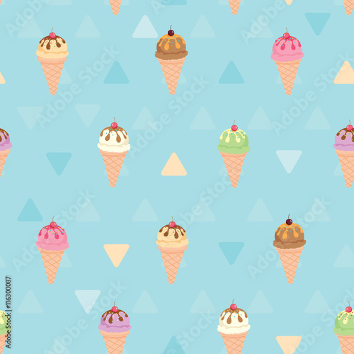Vector seamless pattern of ice-cream cone sundae menu on blue and cyan pastel colors background.