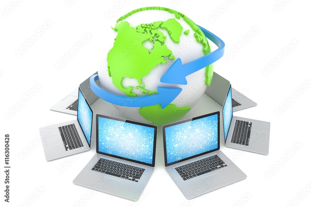 Laptop network around earth globe. 3d render Laptop network around earth globe. 3d render