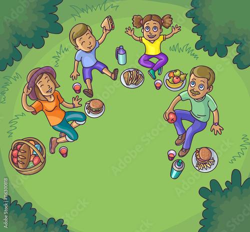 Happy family having picnic outdoors.