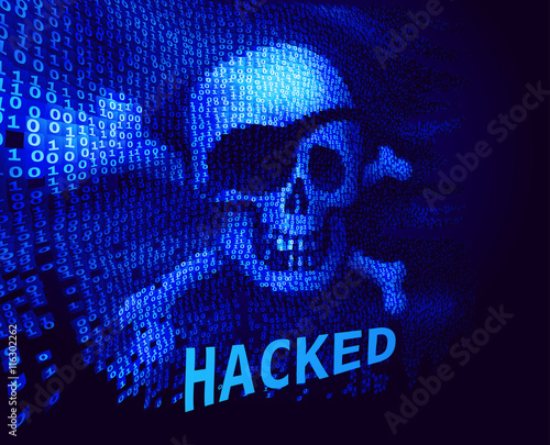 Skull and crossbones on binary code with message about hacking