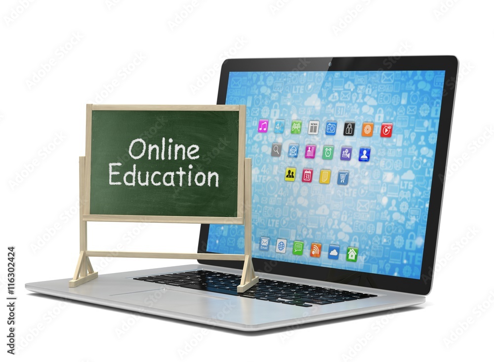 Laptop with chalkboard, online education concept. 3d rendering. Laptop with chalkboard, online education concept. 3d rendering.