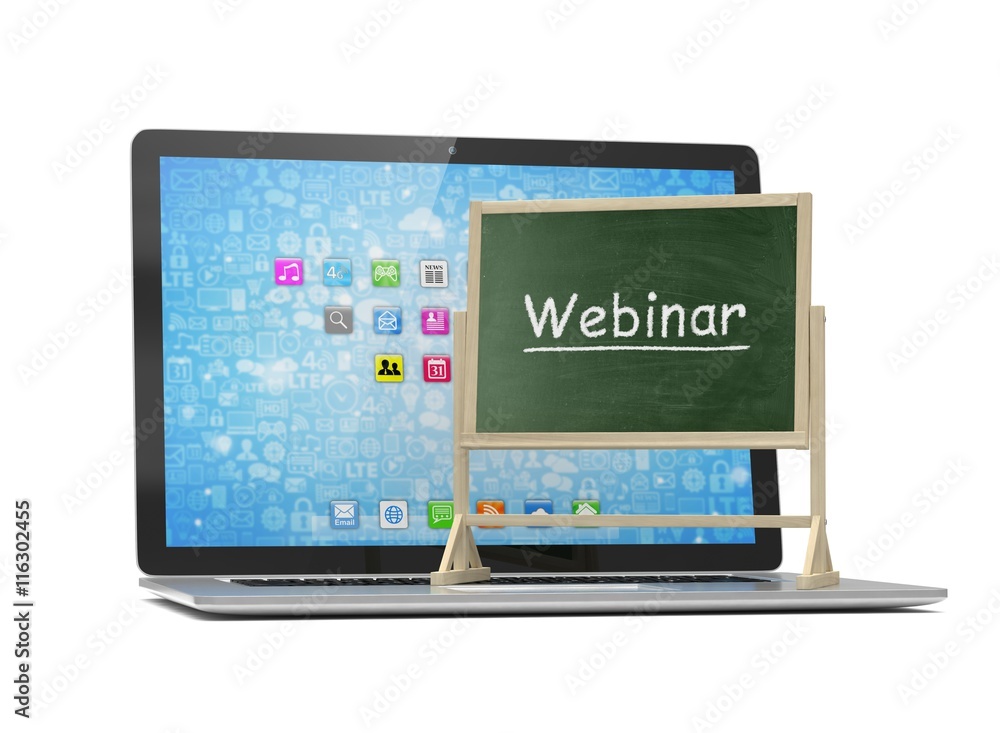 Laptop with chalkboard, webinar, online education concept. 3d rendering. Laptop with chalkboard, webinar, online education concept. 3d rendering.