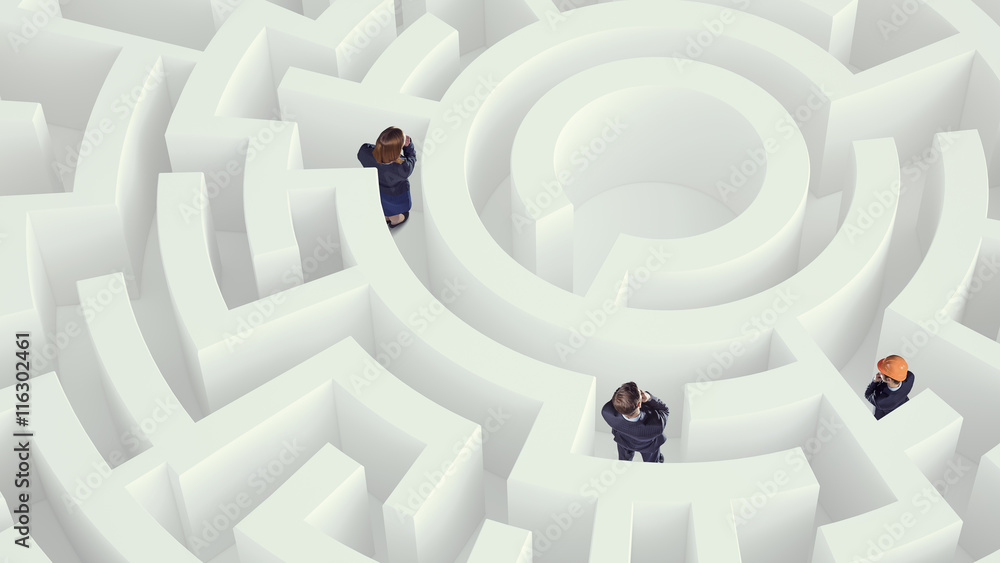 Businesswoman in white labyrinth Mixed media . Businesswoman in white labyrinth Mixed media .