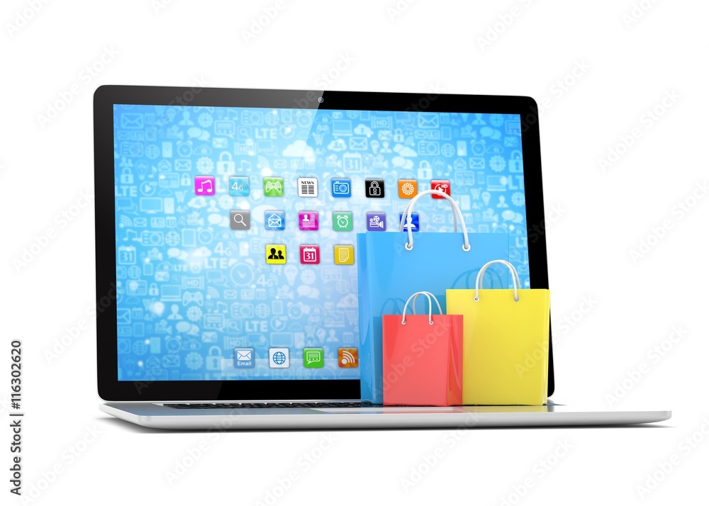 laptop and shopping pags on white background. 3d rendering. laptop and shopping pags on white background. 3d rendering.