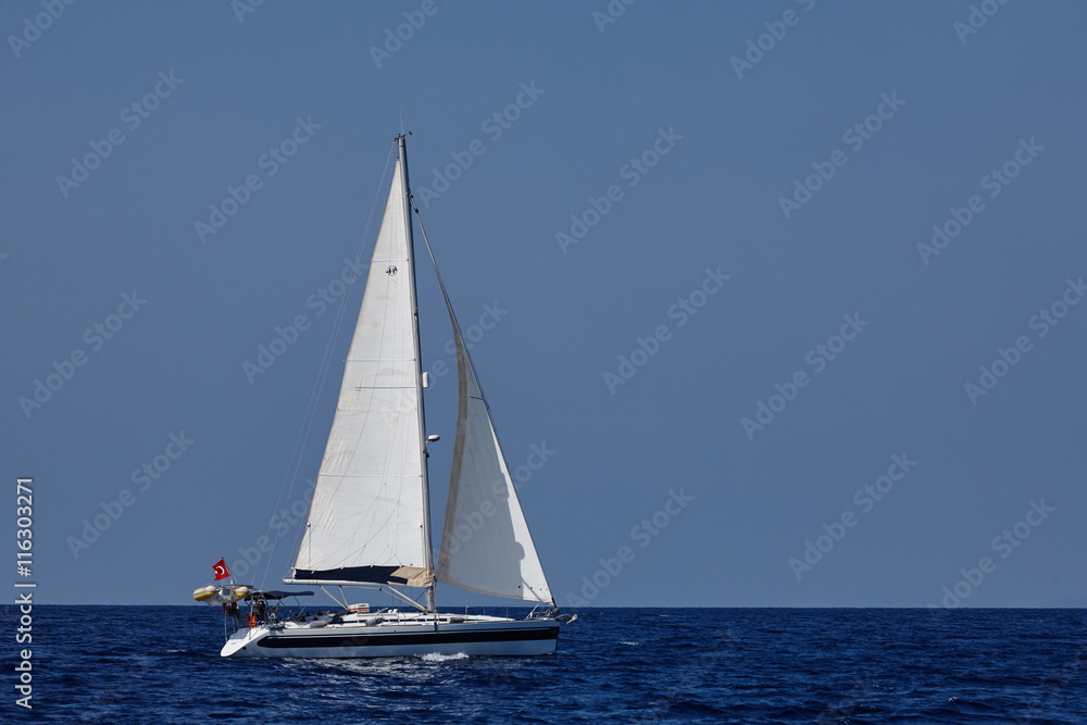 The white sails of yachts on the background of sea and sky