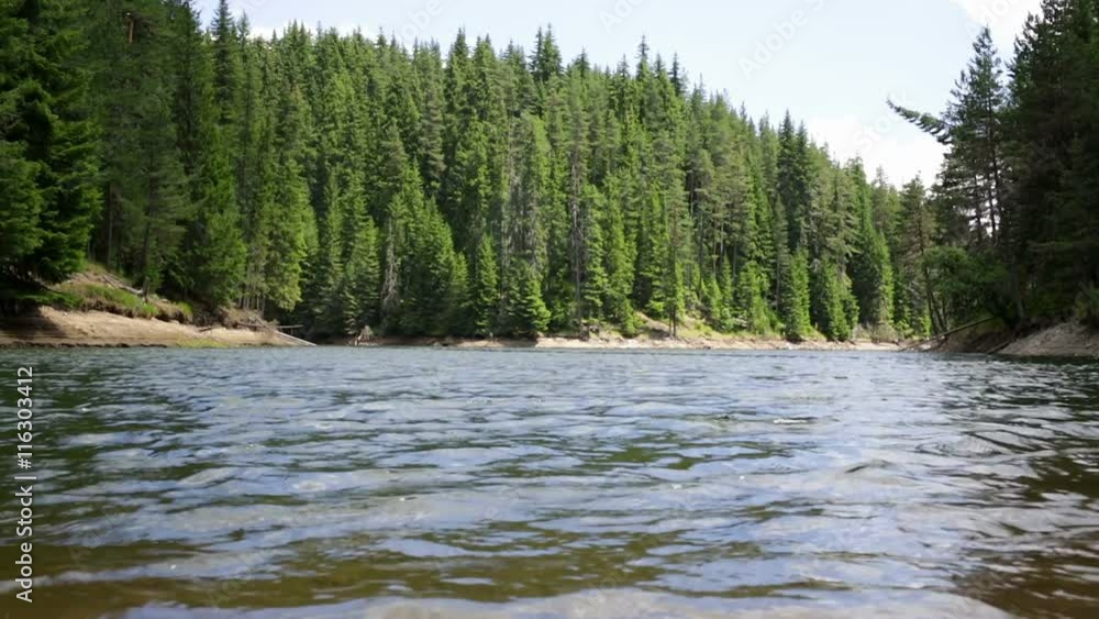 Mountain lake with pine trees. Nature landscape. Windy weather. Mountain lake with pine trees. Nature landscape. Windy weather.
