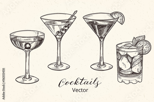 Hand drawn set of alcoholic cocktails