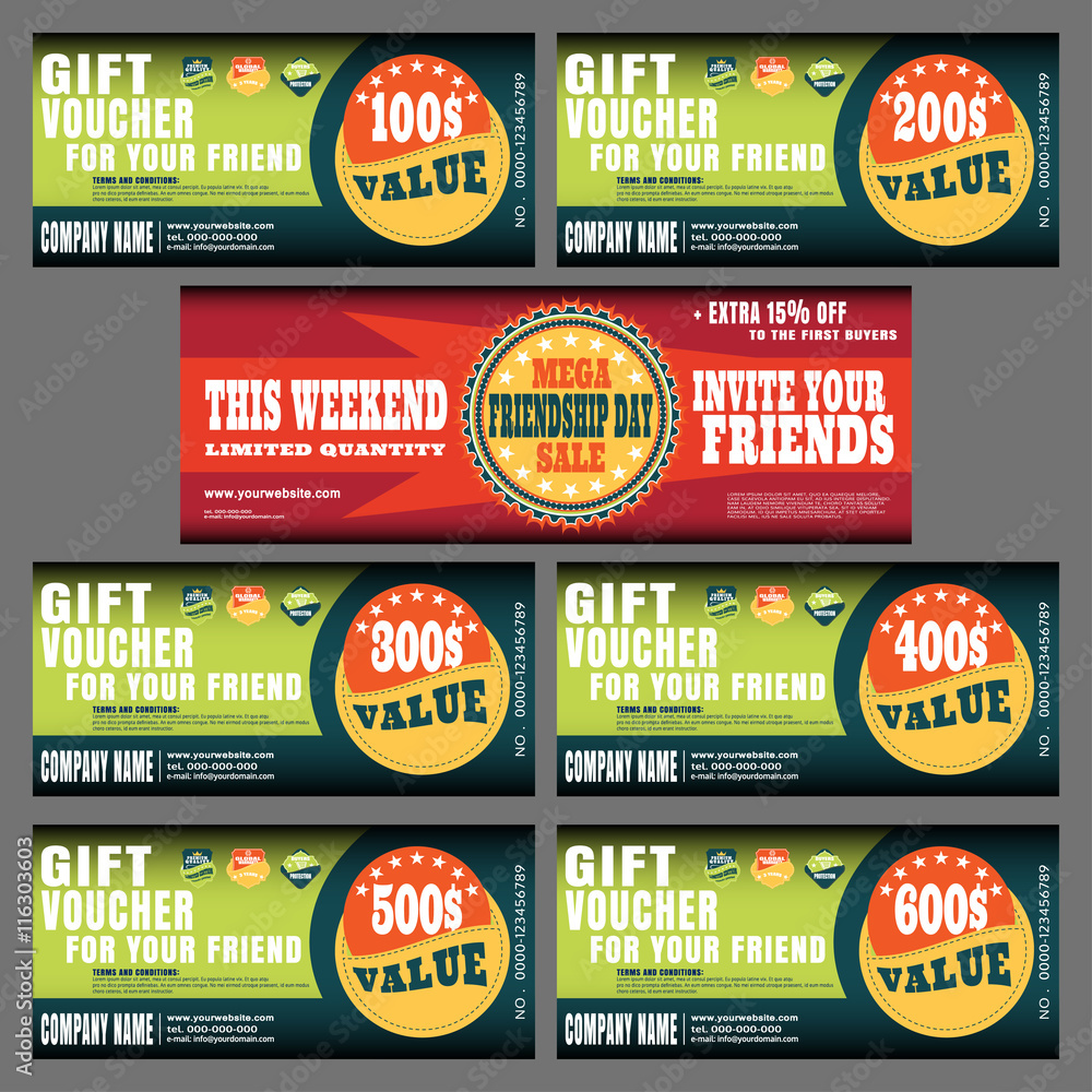 Gift vouchers vector collection with labels for the mega sales on