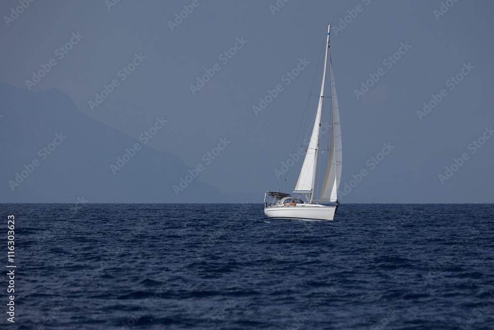 The white sails of yachts on the background of sea and sky