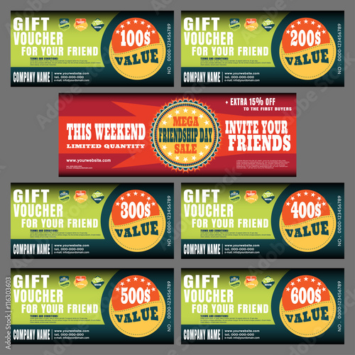 Gift vouchers vector collection with labels for the mega sales on Friendship Day.