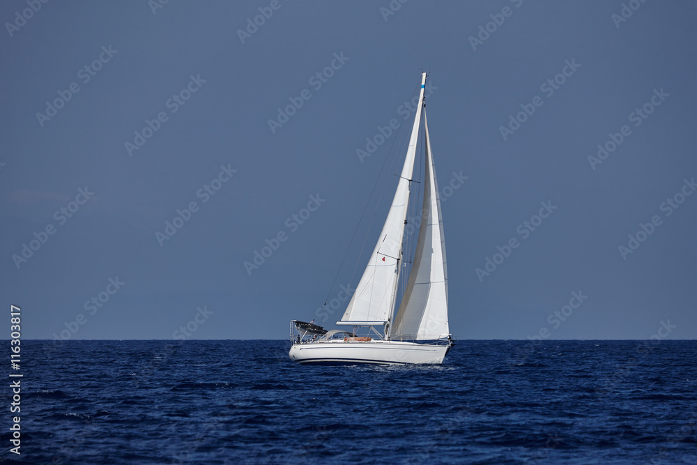 The white sails of yachts on the background of sea and sky