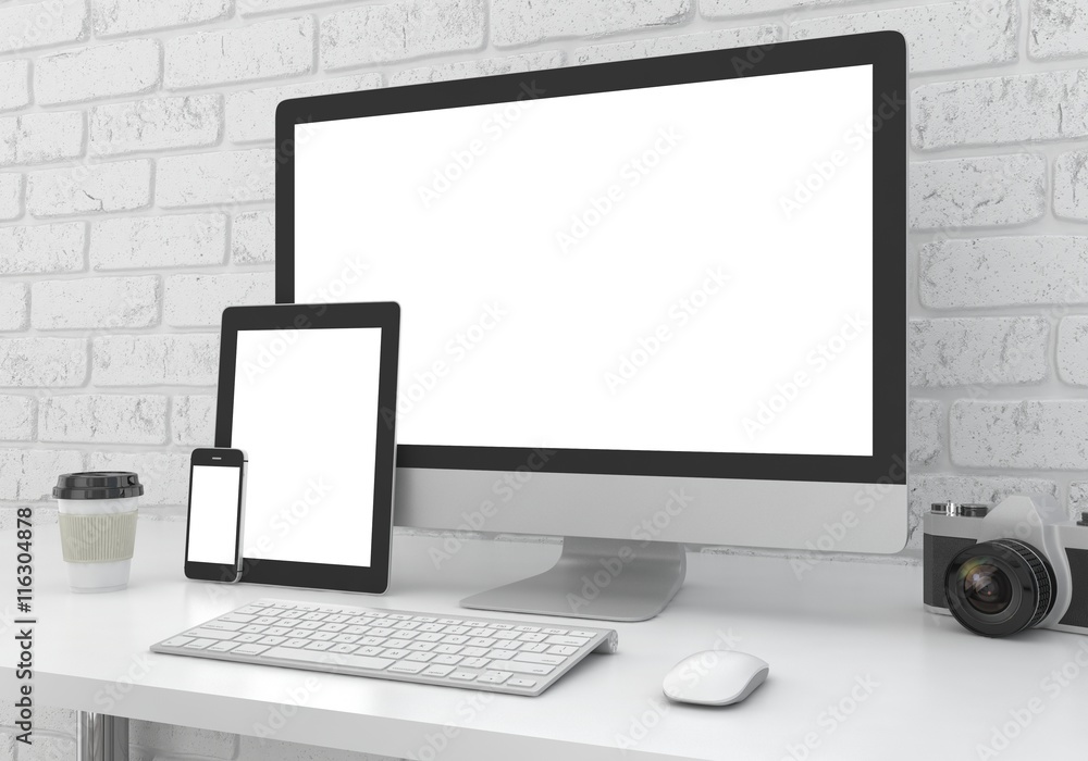 Fototapeta premium Responsive mockup screen. Monitor, tablet, phone on table in office. 3d rendering.