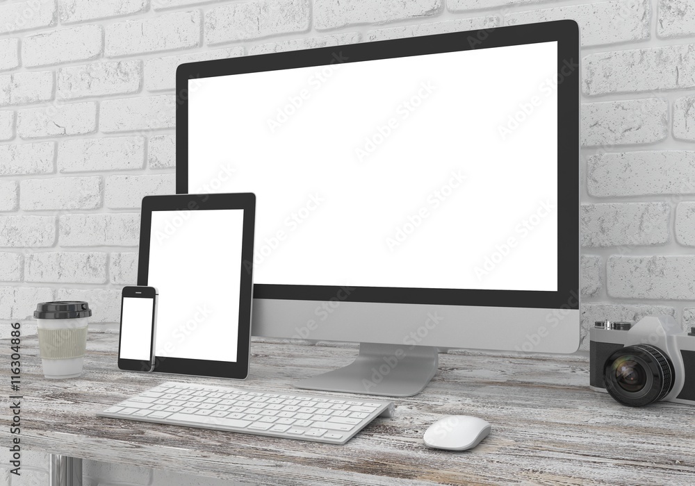 Responsive mockup screen. Monitor, tablet, phone on table in office. 3d rendering. Responsive mockup screen. Monitor, tablet, phone on table in office. 3d rendering.