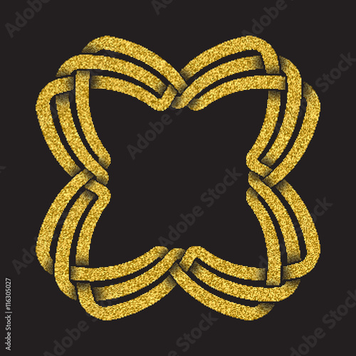 Golden glittering logo template in Celtic knots style on black background. Symbol in square frame form. Gold ornament for jewelry design.