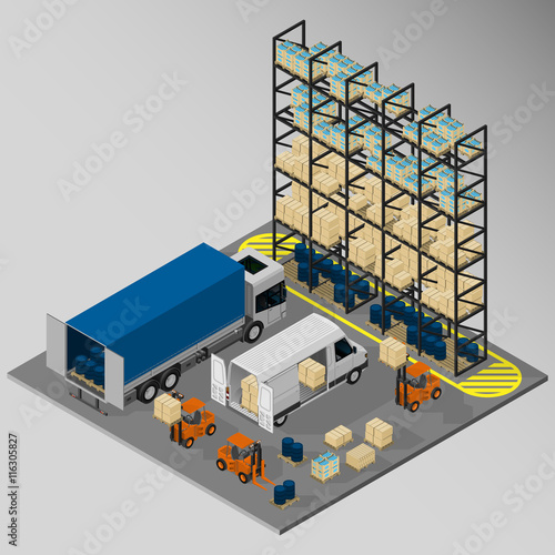 Vector isometric illustration of a set of warehouse equipment consists of: cars, shelves, forklifts, pallets of different goods. Equipment for cargo delivery.
