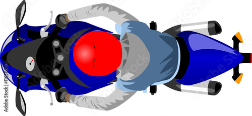 color sport motorcycle with rider wearing sleeveless jacket, hoodie and helmet top view