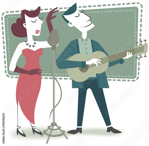 Singer and guitarist. Retro style illustration of a man with guitar accompanying a female singer.