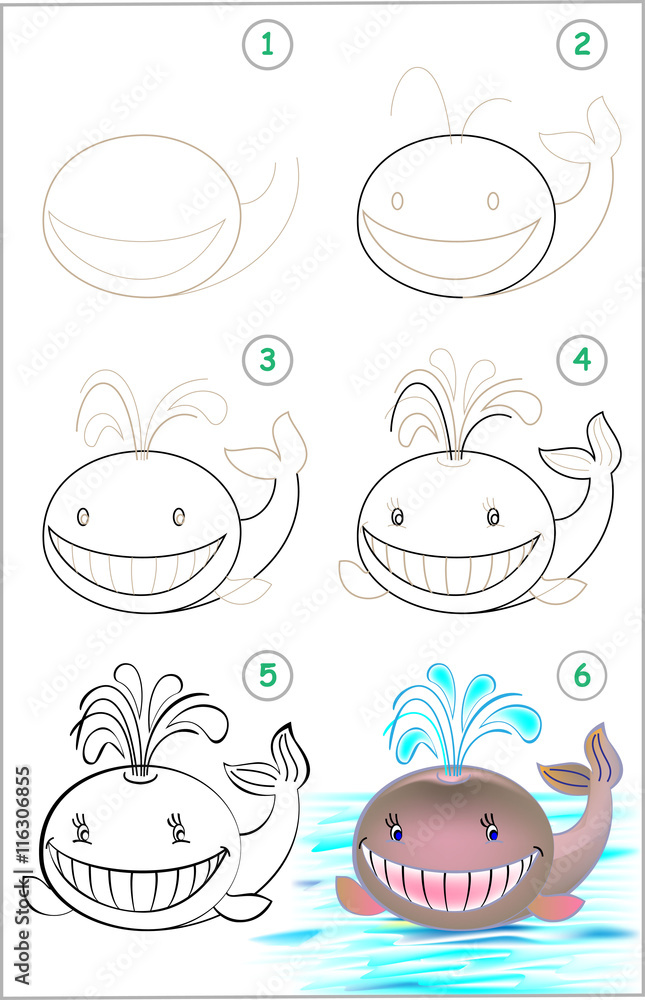 Fototapeta premium Page shows how to learn step by step to draw a whale. Developing children skills for drawing and coloring. Vector image.