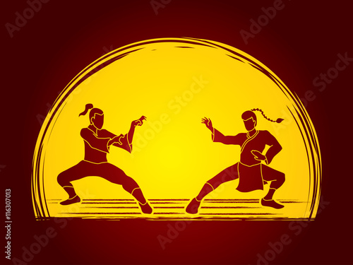 Fototapeta Kung Fu action ready to fight designed on moonlight background graphic vector