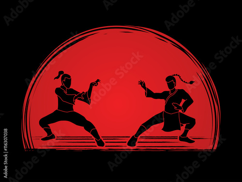 Kung Fu action ready to fight designed on sunset background graphic vector.