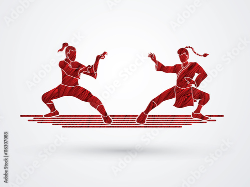 Kung Fu action ready to fight designed using red grunge brush graphic vector.