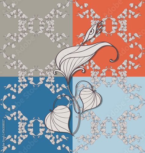 Fantastic seamless ornamental pattern with big-eyed flowers and branches with leaves drawn manually on multicolor backgrounds