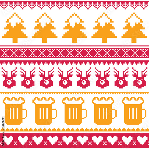 Christmas seamless pattern with beer, reindeer and trees - red and orange isolated on white