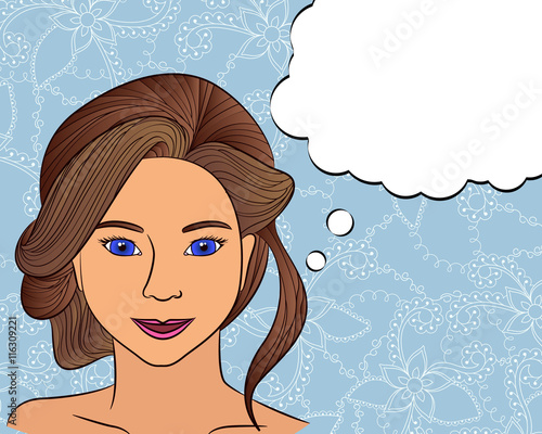 Girl think with speech bubble on floral background