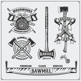 Vector set of vintage Lumberjack logos, labels and emblems. Axes and saws.