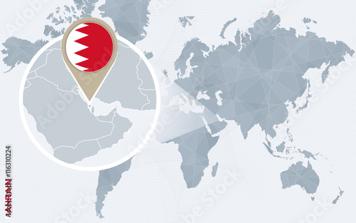 Abstract blue world map with magnified Bahrain.