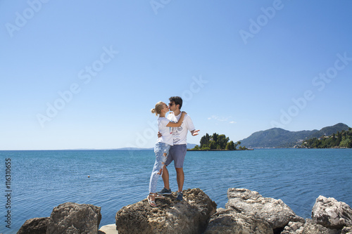 Romantic couple in Corfu island. Holidays in Greece. Mouse island.
