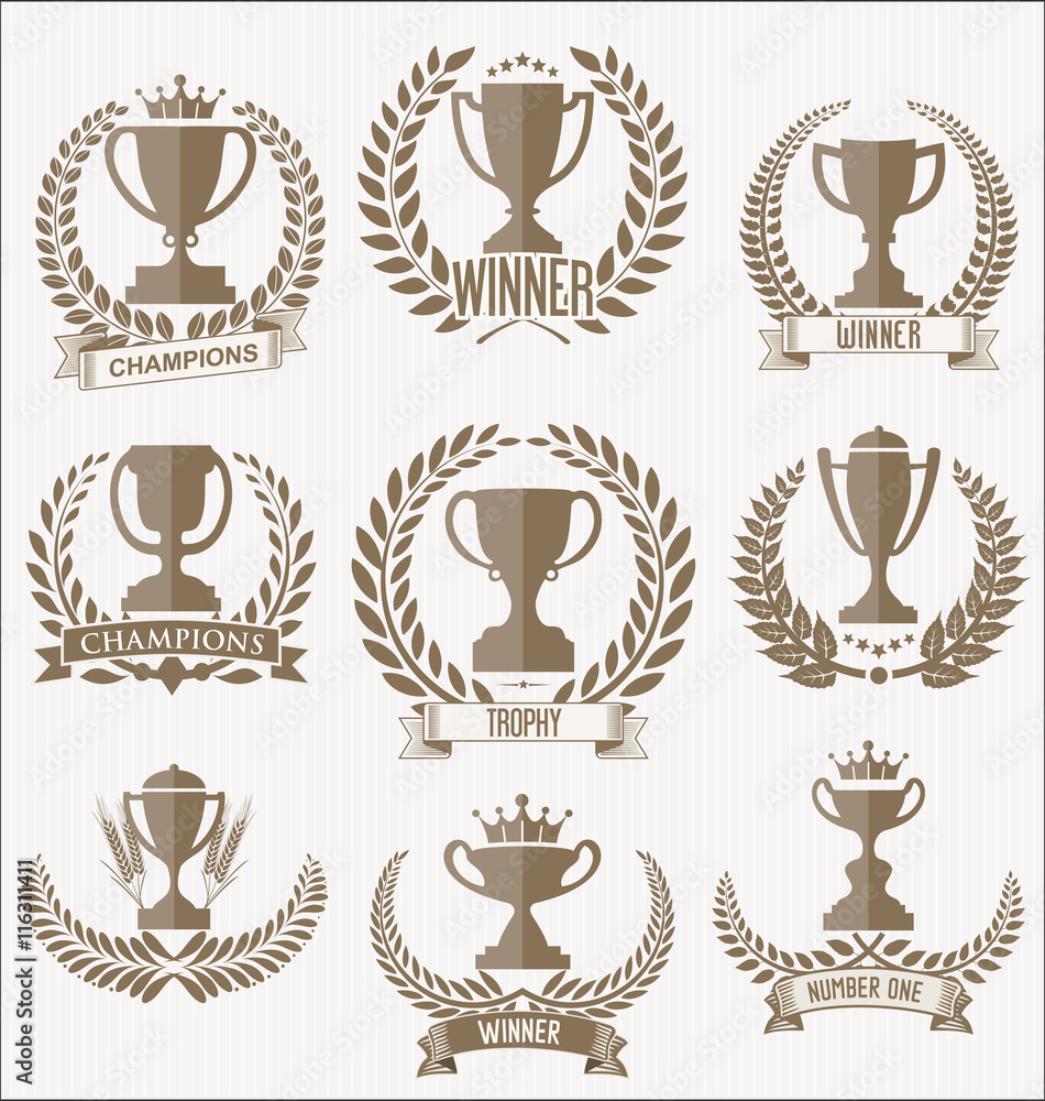 Award cups and trophy icons with laurel wreaths colelction Award cups and trophy icons with laurel wreaths colelction