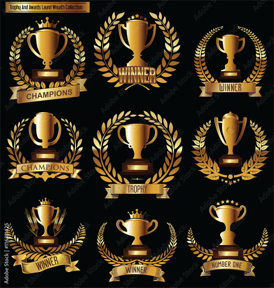 Award cups and trophy icons with laurel wreaths colelction Award cups and trophy icons with laurel wreaths colelction