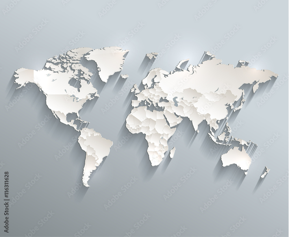 Obraz premium Światowa mapa polityczna Wektor 3D poszczególne stany oddzielają się