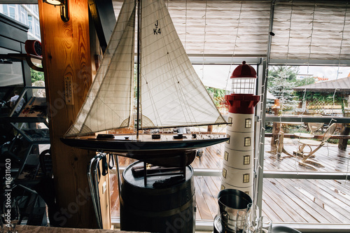 decorative sailing ship in the restaurant