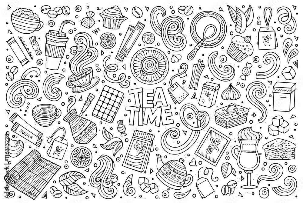 Vector doodle cartoon set of tea and coffe Vector doodle cartoon set of tea and coffe