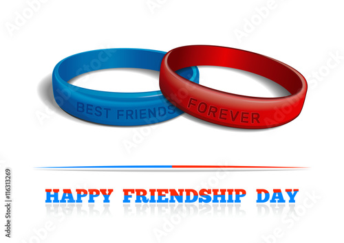 Blue and red plastic wristband with the inscription - BEST FRIENDS FOREVER. Friendship bands isolated on white background. Realistic vector illustration for International Friendship Day