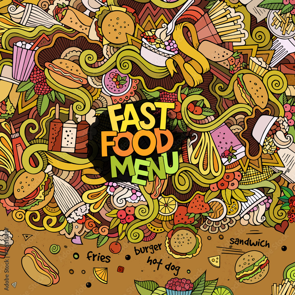 Cartoon vector hand-drawn Doodles on the subject of fast food an