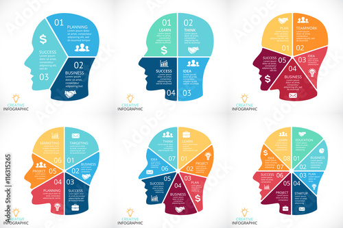 Vector brain infographics set. Template for human head diagram, graph, presentation and face chart. Business idea concept with 3, 4, 5, 6, 7, 8 options, parts, steps or processes. Brainstorming.