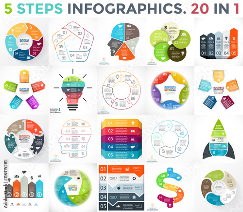 Vector circle infographics set. Business diagrams, arrows graphs, startup logo presentations and idea charts. Data options with parts, 5 steps or processes.