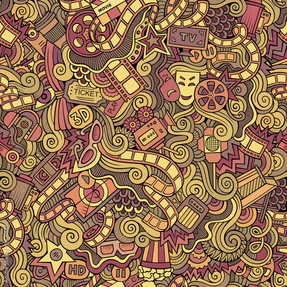 Naklejka premium Cartoon doodles cinema seamless pattern